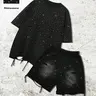 Men's Graphic-Print Casual T-Shirt and Shorts Set with Rhinestone Decor and Ripped Details, Fashion Streetwear Outfit for All Seasons Clothes