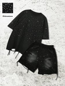 men's solid color casual t-shirt and shorts set, rhinestone decorations and ripped details, fashion streetwear for all seasons