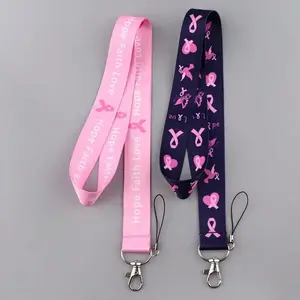 Breast Cancer Awareness Lanyard, Hope Faith Love Design, Ribbon, Butterfly Heart Charms, ID Card Holder Keychain