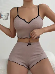 MONASWEET Contrast Binding Lettuce Trim Cami Top & Bow Front Shorts Lounge Set Bow Tie, Lounge Outfit