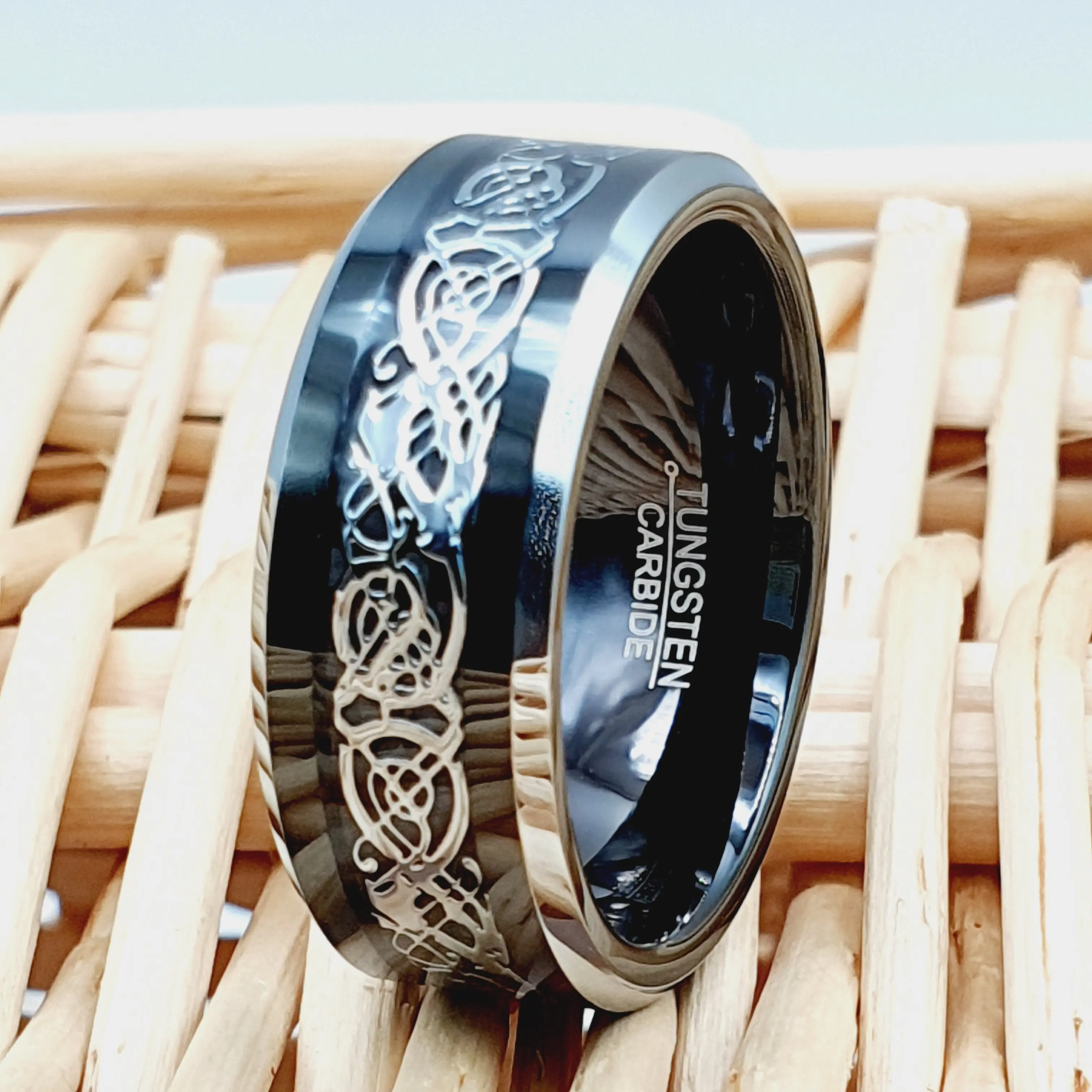 Men's Black Viking Wedding Ring Tungsten Celtic Engagement Ring 8mm