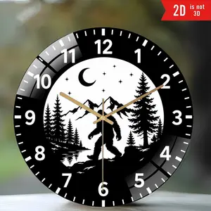 8 Inch Silent Non-Ticking Wall Clock, Bigfoot Forest Moon Acrylic Clock, Black White Sasquatch Round Wall Decor, Easy-to-Read Number Dial, 2D Flat Battery Operated Clock for Cabin, Bedroom, Office & Outdoor Lover Gift