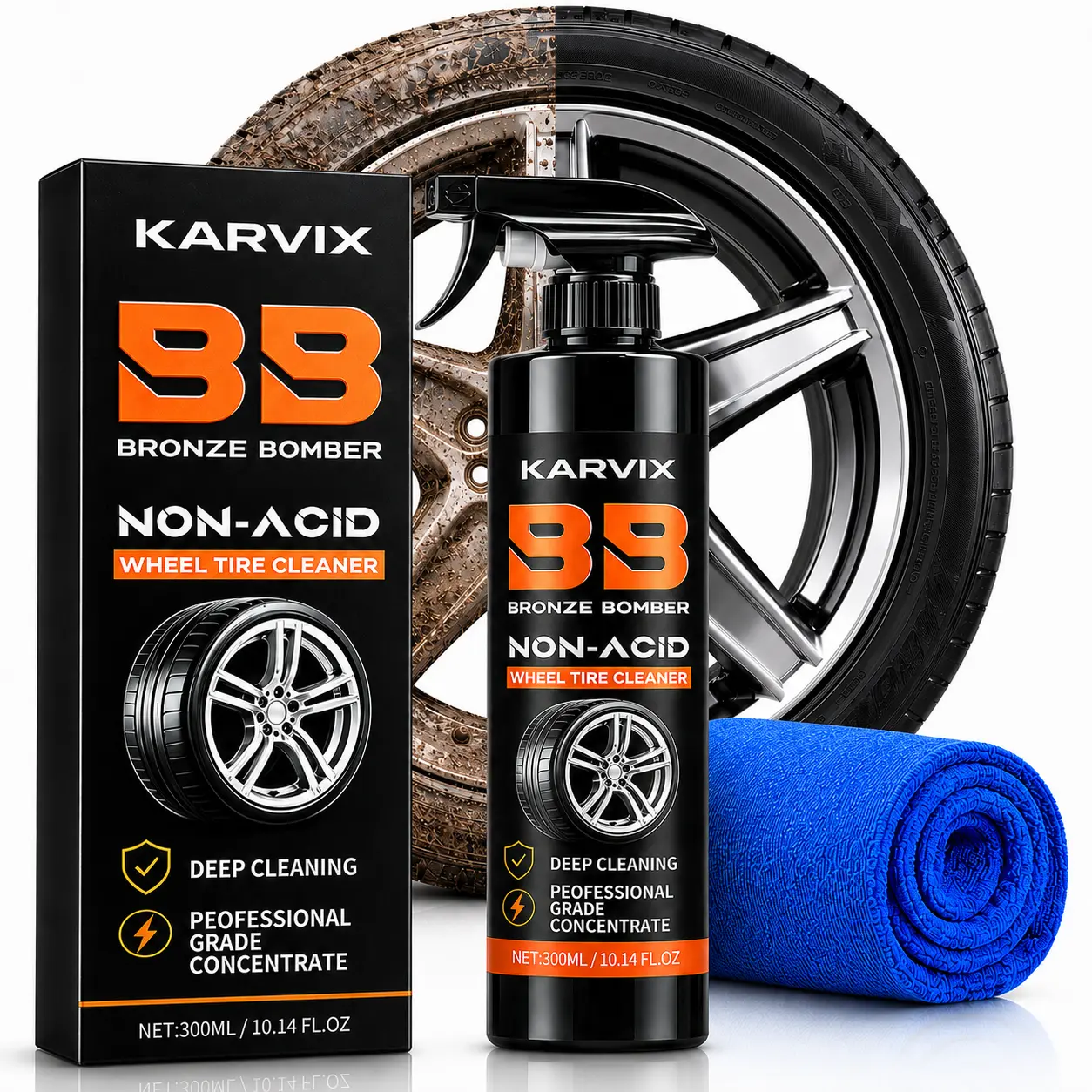 Powerful Concentrated Wheel Tire Cleaner with Microfiber Towel Non Acid Dilutable 32 oz Car Maintenance Liquid Spray Bottle for Cleaning Dirt Dust Brake Grime Road Grime Leaving Wheels Shining Surface Cleaner Wheel Clean