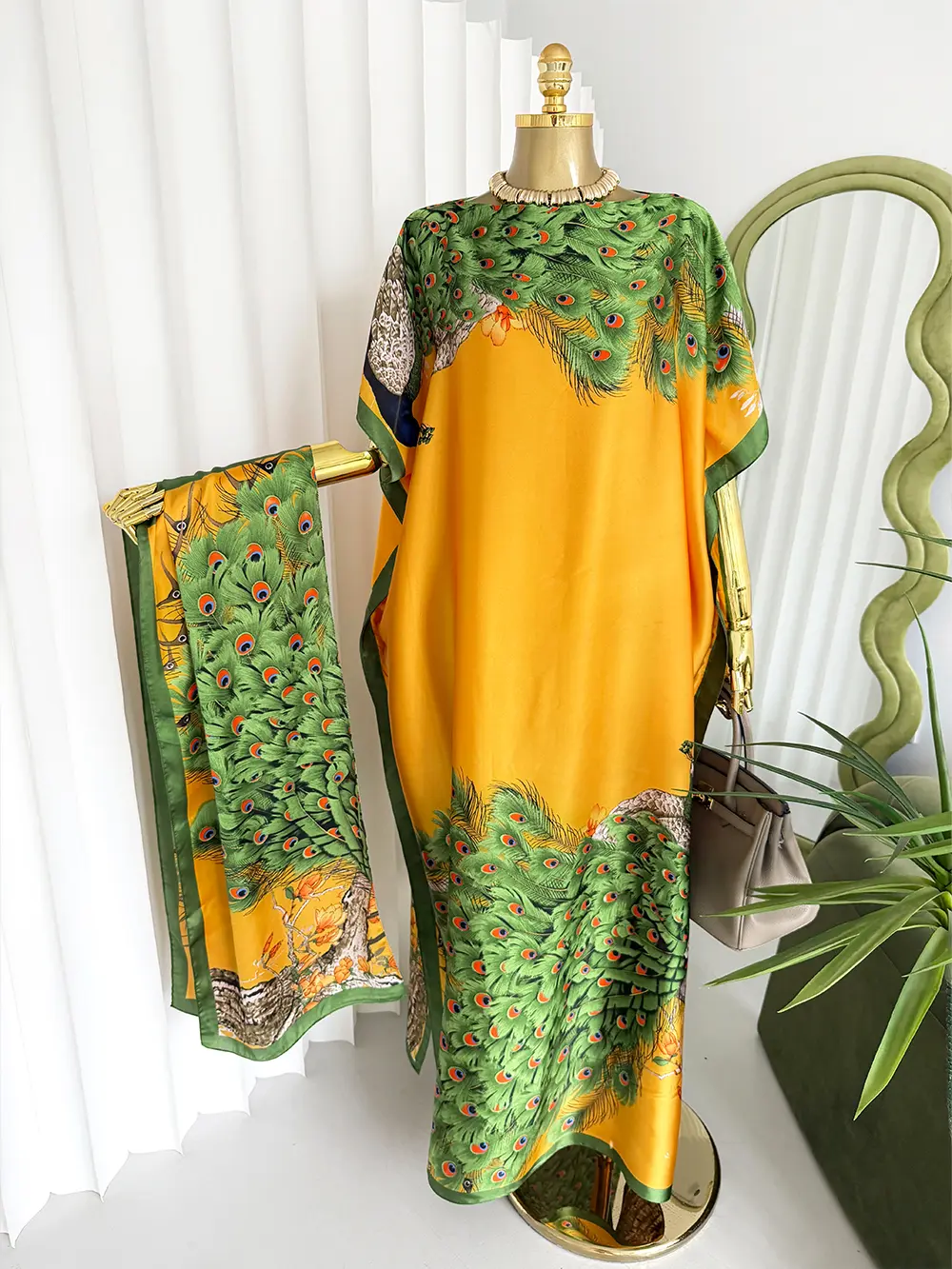 Peacock Feather Print Kaftan Maxi Dress & Scarf Set – Elegant Loose Fit Long Robe with Vibrant Green & Gold Tones, Boho Beach Cover Up & Lounge Wear for Women, Soft Flowy Fabric Summer Vacation Outfit