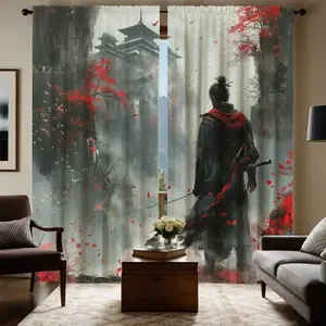 High-Definition Digital Print Curtains Set, Samurai Theme with Maple and Ancient Buildings, Perfect for Living Room and Bedroom Decor, Window Curtain