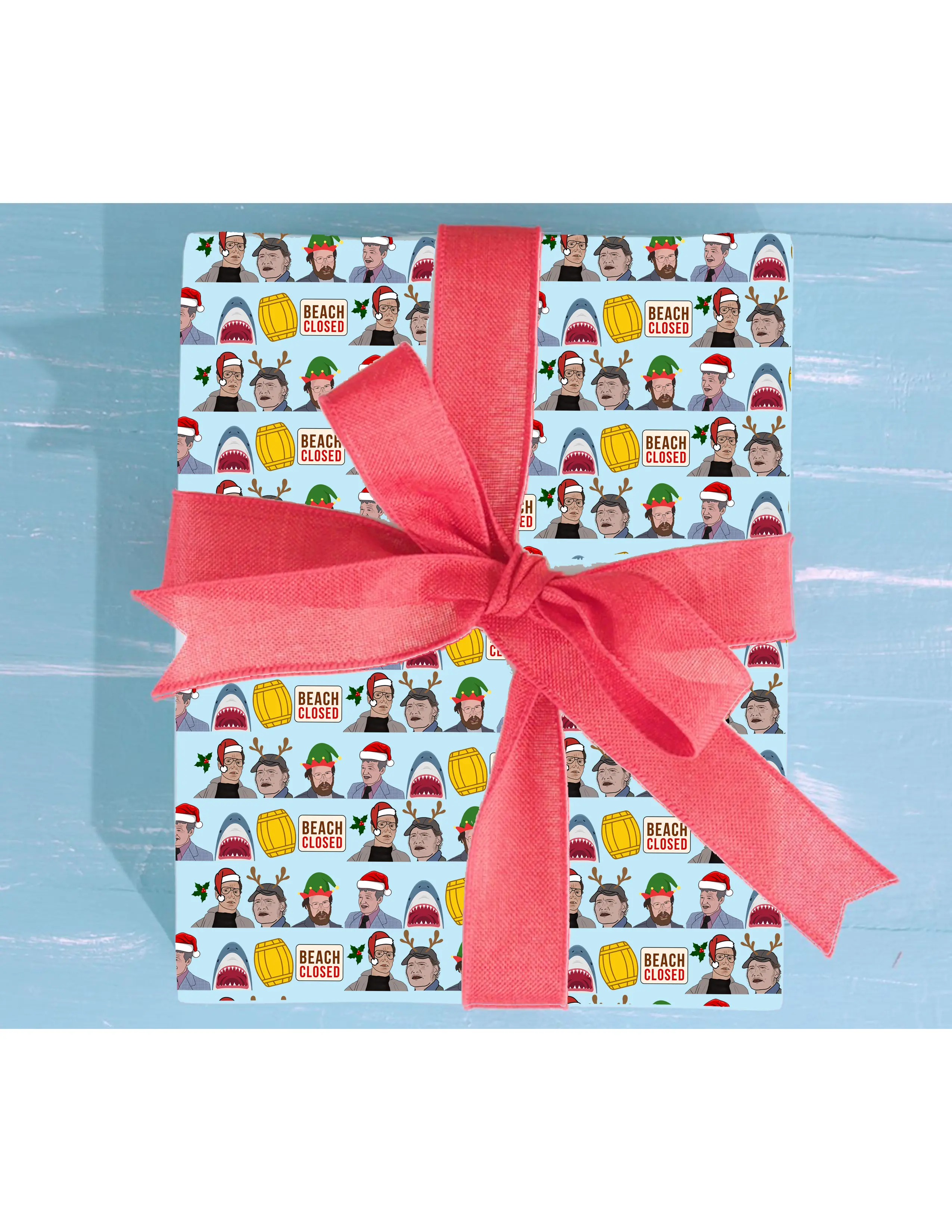 Jaws Wrapping Paper | Hand Drawn Custom Gift Wrap | Movie Pop Culture Holiday Wrapping | Unique Gift Packaging | Great White Shark Holiday Gift
