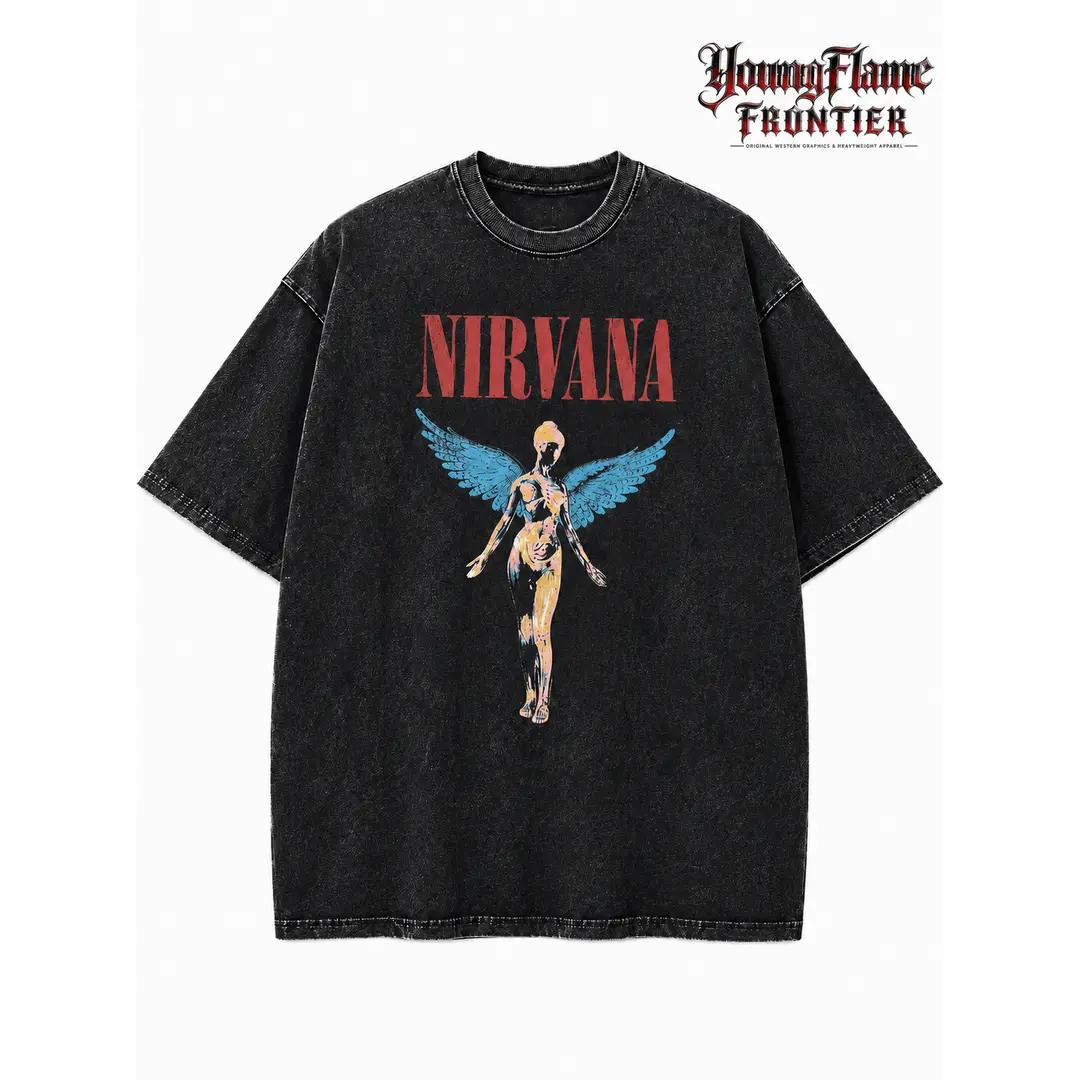 Nirvana Angel Vintage Acid Wash Oversized Grunge Band T Shirt, Unisex streetwear y2k clothing graphic tee, A comfortable summer gift