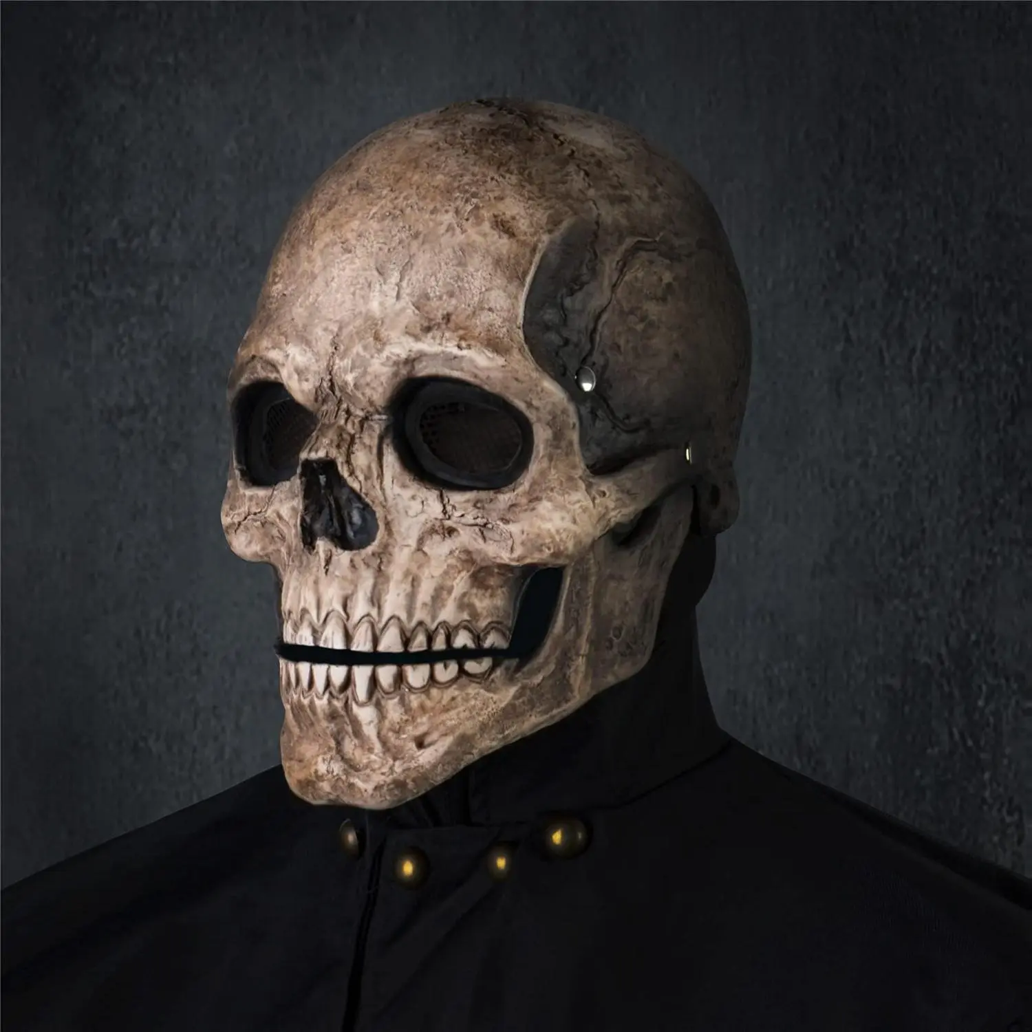 Creepy Halloween Full Head Skull Mask with Movable Jaw, Adult Entire Head Realistic Latex Helmet, Scary Skeleton