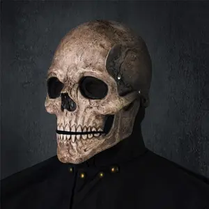 Creepy Halloween Full Head Skull Mask with Movable Jaw, Adult Entire Head Realistic Latex Helmet, Scary Skeleton
