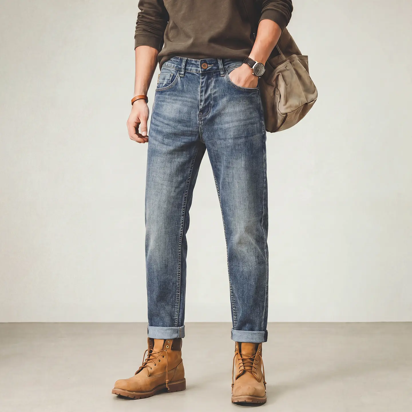 [P366] Men's Retro Style Durable Stretch Denim Jeans, Casual Bootcut Pants