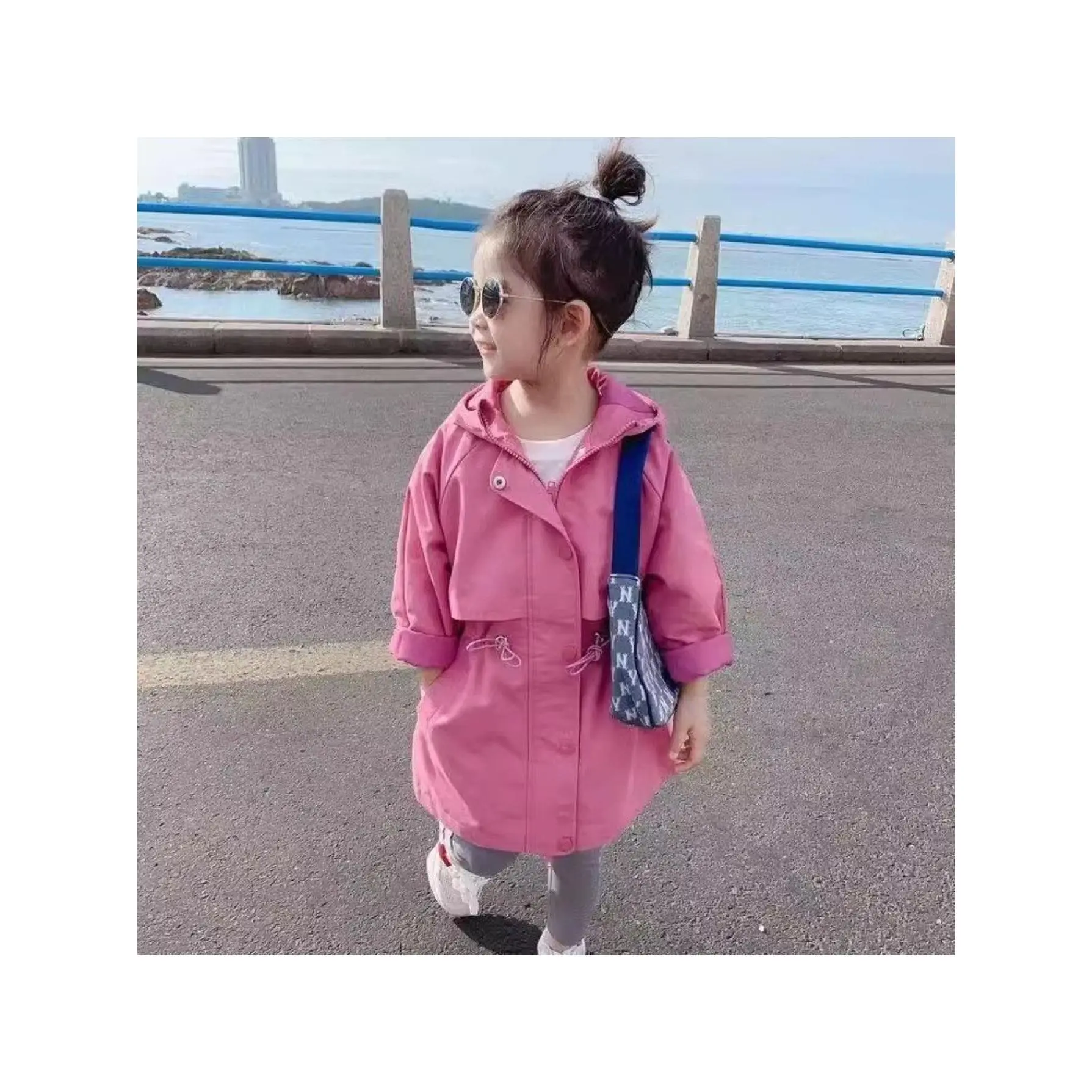 Girls' Korean-style mid-length cardigan jacket| Fashionable windproof jacket, suitable for toddlers and children| Multifunctional spring and autumn jacket| Fiber material, regular fit, round neck, solid color
