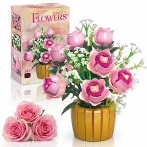 Pink Rose Bouquet Building Set with Vase, Botanical Floral Kit for Adults and Women, Relaxing and Creative DIY Project, Heartfelt Anniversary Gift for Her, Elegant Aesthetic Centerpiece for Home or Office Display