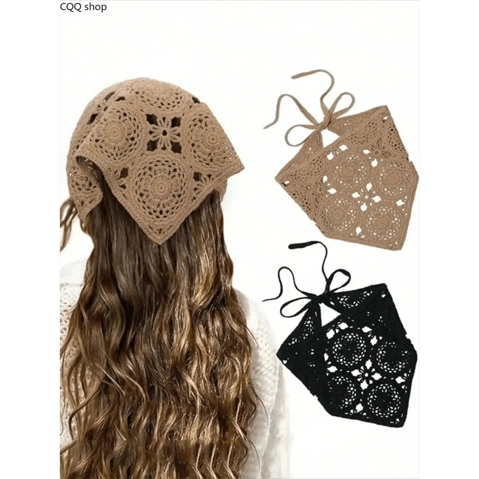 2Pcs Boho Knitted Triangle Headscarves, vintage floral farmhouse style with fringe. Versatile hair accessories for women, trendy decor for holidays and daily outfits