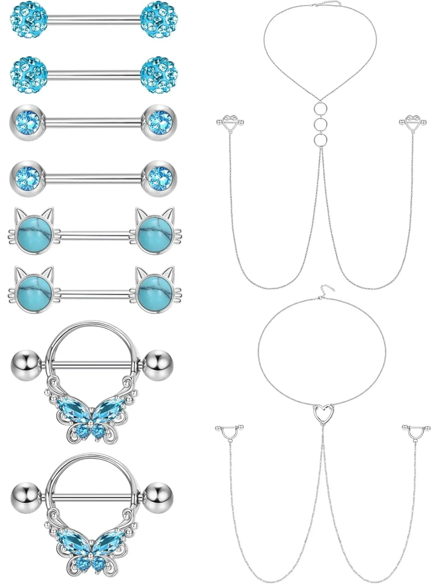 Exquisite 10 Pcs Colorful Piercing Studs Pins Stainless Steel Nipple Rings for Women Men Shining CZ Butterfly Heart Nipple Rings with Chokers Necklaces Fashion Body Jewelry Body Jewellery Nipple Barbell Body Piercing Jewelry