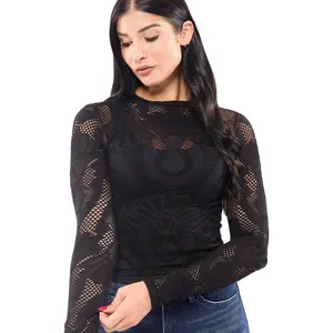 Dreams of You Women's Fishnet Layering Long Sleeve Top Casual Blouse