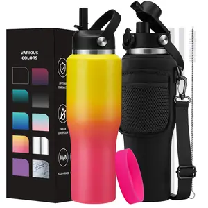 32 OZ Insulated Water Bottle with Straw - 40oz Stainless Steel Tumbler with Paracord Handle, Straw Lid, Pop-up Lid & Waterbottle Sling, Iced Coffee Cup Travel Mugs Insulated for Hot 24h and Cold 48h