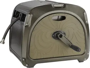 Giraffe Tools SW5-100ft Metal Hose Reel Box, 100 ft Rubber Hose Garden Hose Storage Heavy Duty Reel Hideaway, Crank Handle, 100ft 5/8" Hose, Green
