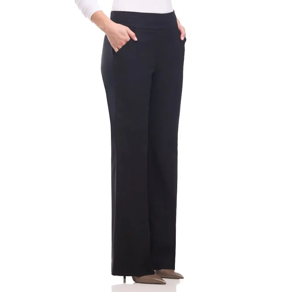 Rekkuna Women's Chic Minimalist Basic Bottoms - Mid-Rise Pull-On Wide Leg Stretch Dress Pants with Front Pockets, Elegant Flattering Fit, Regular Fit