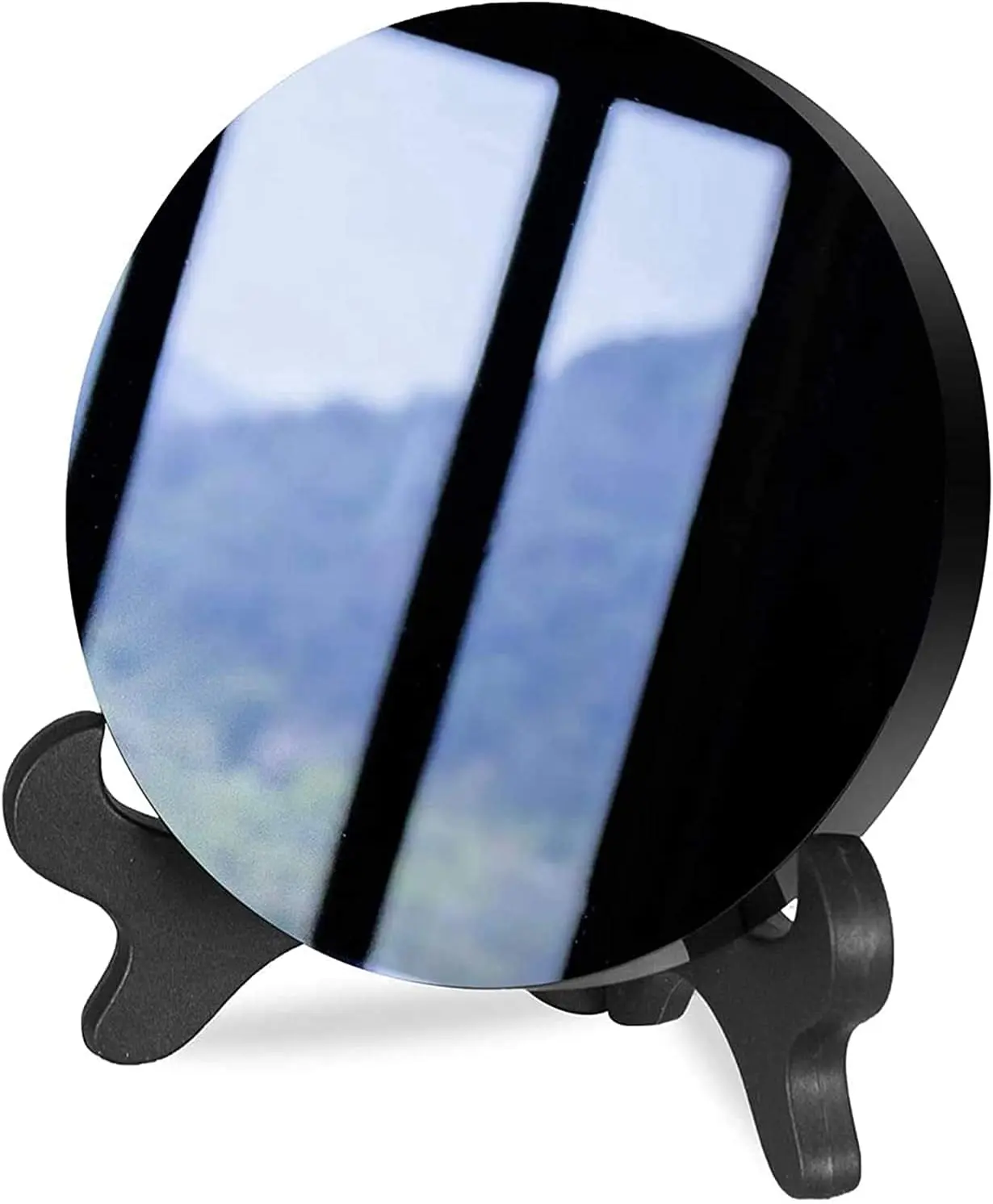 Modern Black Obsidian Reflective Scrying Circle Disc with Stand - Shadow-Enhancing Feng Shui Mirror, 8cm Home Desk Decor