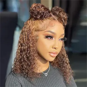 Curly Bob Wig Human Hair Jerry Curly 13x4 HD Lace Front Wigs For Black Women Human Hair Pre Plucked Wear And Go Glueless Short Wet And Wavy Ombre Honey Blonde Highlight Color 4/27