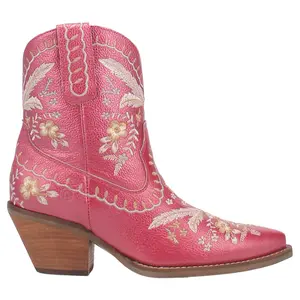 Dingo Womens Primrose Floral Embroidered Metallic Pull On Snip Toe  Casual Boots Ankle Mid Heel 2-3" - Pink