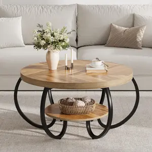 Garvee Round Coffee Table 30 in Center Table, 2-Tier Coffee Table Industrial Accent Tables with Adjustable Feet,  Living Room Tables with Storage Shelf and Designed Wood Grain, Easy Assemble