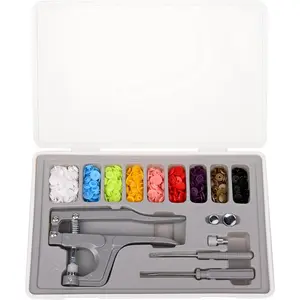 Plastic Snap Fastener Kit with Plier  Awl and Storage Case, 100 Sets Snaps, 9 Colors T5 Buttons, 12mm Cap. Snap Plier for T3(10mm), T5(12mm), T8(15mm) Buttons, Grey