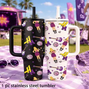 1pc 40oz Hannah-Inspired Pop Star Print Stainless Steel Tumbler with Handle & Straw, Insulated Water Bottle for Women, Cute Purple Aesthetic Travel Mug, Large Capacity Leakproof Cup, Fits Car Cup Holder, Keeps Cold 24H Hot 12H, Gift for Girls
