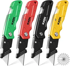 Folding Box Cutter Knives: 4-Pack Heavy Duty Utility Knife Pocket Box Cutter - Extra 20pcs Razor Blades Plastic Cardboard Opener Safey Knives - Gifts for Men Cutting Cartons, Leather, Rope