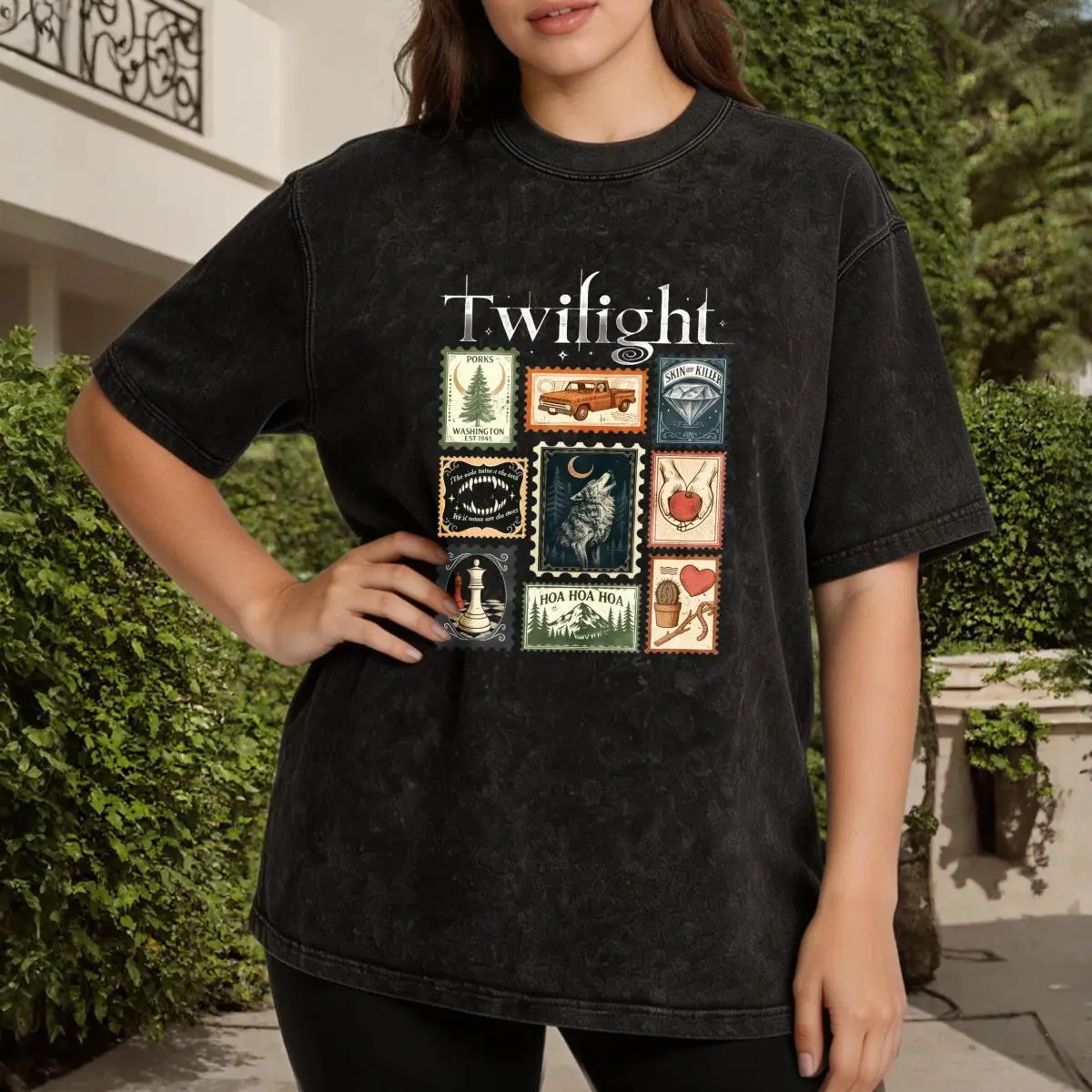 Twilight Stamp Collage Women's Vintage Washed T-Shirt Twilight Vintage Stamp Collage Print Oversized Graphic Tee Outdoor Casual Short Sleeve