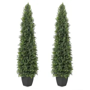 Small Artificial Topiary Tree Set of 2, 3/5FT Slim Christmas Cedar Trees,Tall Faux Cedar Trees, Potted Fake Cypress Plant for Front Porch Decor