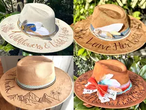 April Joy Co. Custom Hand Burned Western Hat Boho Cowgirl Fedora Personalized Design Adjustable Size Soft Polyester Suede Blend Perfect for Concerts Rodeos Girls Trips Weddings Vacations Festivals