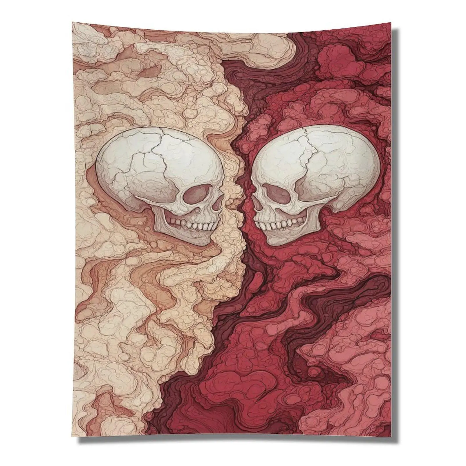 Dual Skulls Red Beige Swirl Abstract Liquid Art Wall Tapestry Wall Hanging, Dark Moody Gothic Surreal Aesthetic Bedroom Decor Backdrop