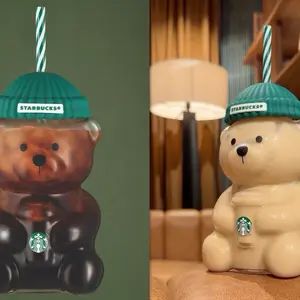 Starbucks "Bearista" Cup - Adorable Bear Design with Green Hat and Straw - Perfect for Coffee Lovers