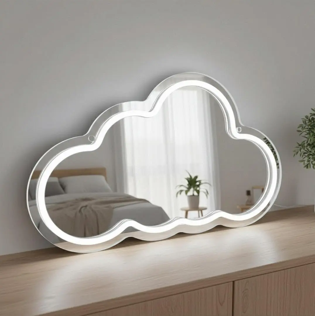 15.7" Handcrafted Cloud Neon LED Lighted Mirror, Modern Chic Cool White Glow Feels Fresh Room Lighting, USB Plug & Play Indoor Wall Decor for Wedding Events, Bedroom Dorm