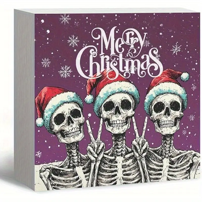 Gothic Christmas Decor, Funny Skeleton Santa Christmas Wooden Box Sign, FunnyChristmas Decorations, Santa Hat Wood Signs for Home Office Desk Shelf Table Decoration, 5x5 Inch (Purple)