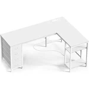 55 Inch L Shaped Desk with Fabric Drawers, Reversible Computer Gaming Desk with Power Outlets and USB-C Port, Adjustable Side Storage Shelves, for Work Study Corner Home Office, White