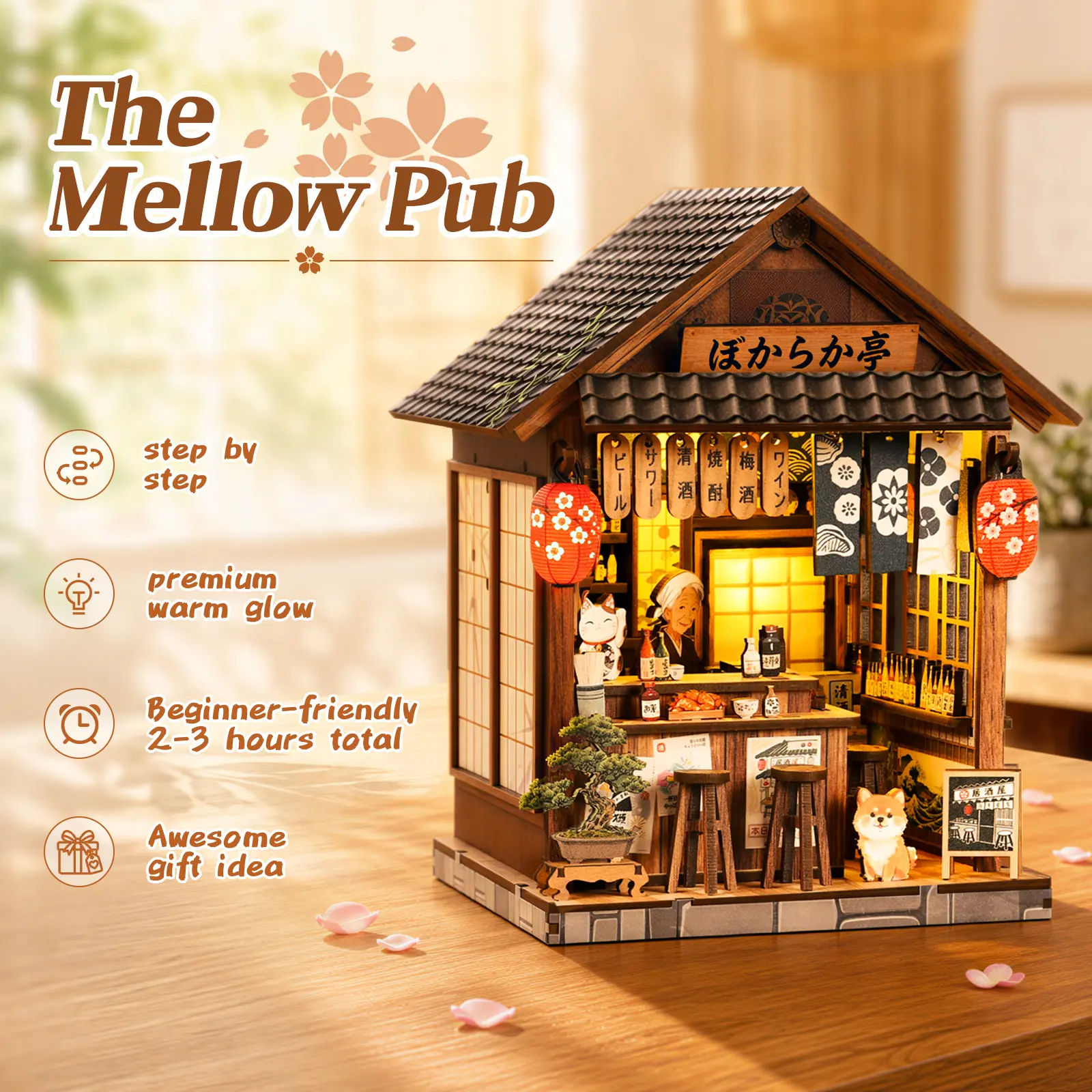 NOANTA Japanese Izakaya Book Nook Kit , Relaxing DIY 3D Puzzle  House , DIY Wooden  House with LED Light, 3D Puzzle Craft Kit for Adults ,  Birthday Gift ,  Hand-Assemble Real Wood Slats , Cherry Blossom Lanterns , Bookshelf Desk Decor house kit couple