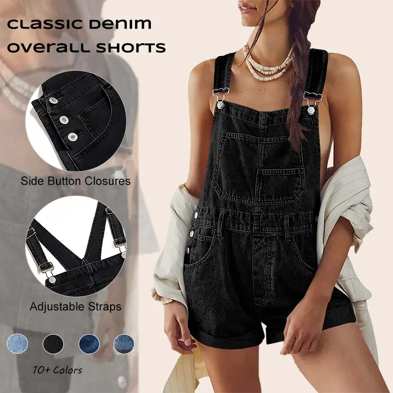 Imily Bela Womenswear Basic Overalls Shorts Denim Bib Straps Shorts Casual Solid Color Minimalist Rompers Jumpsuits With Pockets Pants