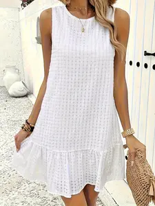 Women's Sleeveless Ruffled Hem Beach Dress - Round Neck Blended Polyester, Solid White Woven Texture, Vacation & Travel Casual Chic Outfit