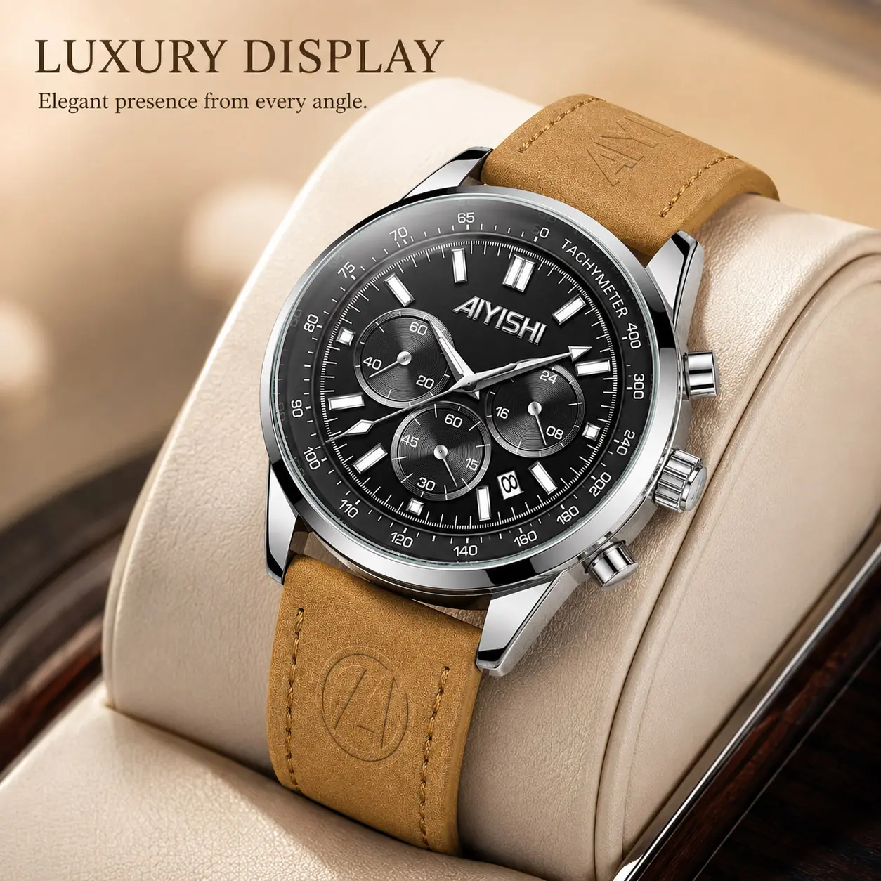AIYISHI Men's Chronograph Watch Leather Strap Quartz Waterproof Luminous Calendar Date Luxury Business Casual Wristwatch Perfect Birthday  Anniversary Gift 2322