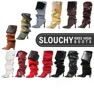 Stiletto High Heel Slouchy Boots for Women Ruched Shark Boot Pointed Toe Detachable Snap-Off Panel Silver Buttons Zipper Closure Easy Pull On Comfy Wide Calf Party Wedding Work Casual Concert Dressy Fashion Footwear Fold Over Mid Calf Booties