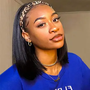 Bob Headband Wig Blended Human Hair Short Straight Headband Wigs Remy Hair Glueless Wigs ​Bob Headband Wigs for Women Black Color 250% Density