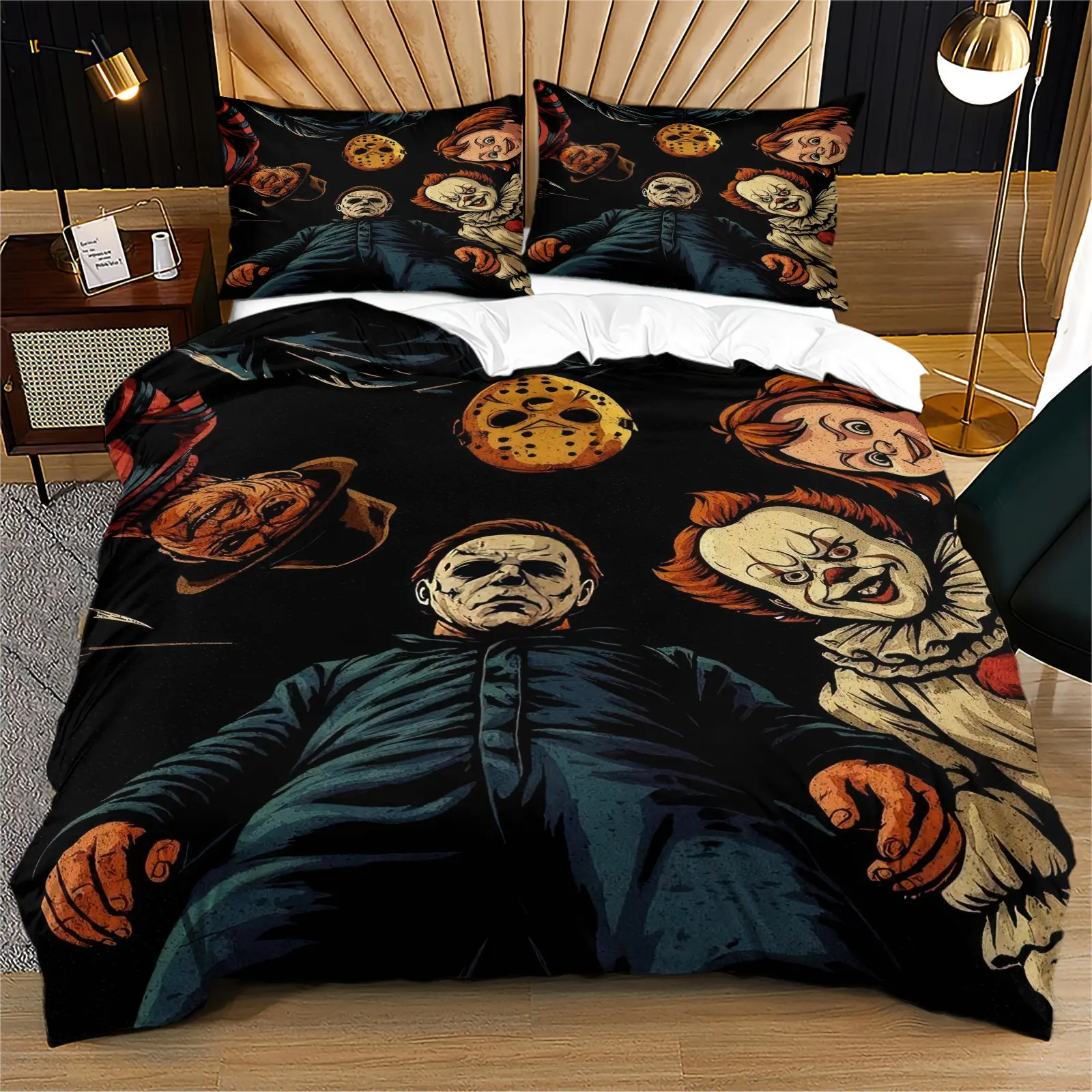 Dark Style Duvet Cover Set, Includes One Fitted Sheet and 1-2 Coreless Pillowcases, Classic Horror Movie Prints, Soft Comfortable Bedding, Suitable for Adults, Decorative Bedding Set, Printed Bedding Set