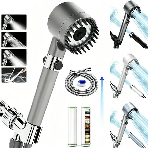 Handheld Filter Shower Head - High-Pressure Power Wash, 4-Setting Massage Spray, 60" Hose, Chrome Finish, Easy Install, Low Flow, 1-Touch Water Stop, Adjustable Pressure, Micro-Technology Nozzles