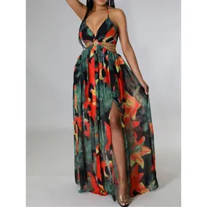 Women's Floral Print Chain Decor Split Thigh Tie Back Cami Dress - Casual Halter Backless Maxi Dress for Beach Holiday Vacation Formal Womenswear Comfort Summer Boho Sleeveless Bohemian Multicolor Spaghetti Strap