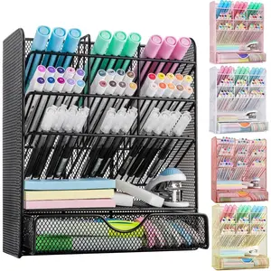 Metal Pen Organizer, Pencil Holder for Desk, Desk Organizer with Drawer for School, , Art Supplies (Black)