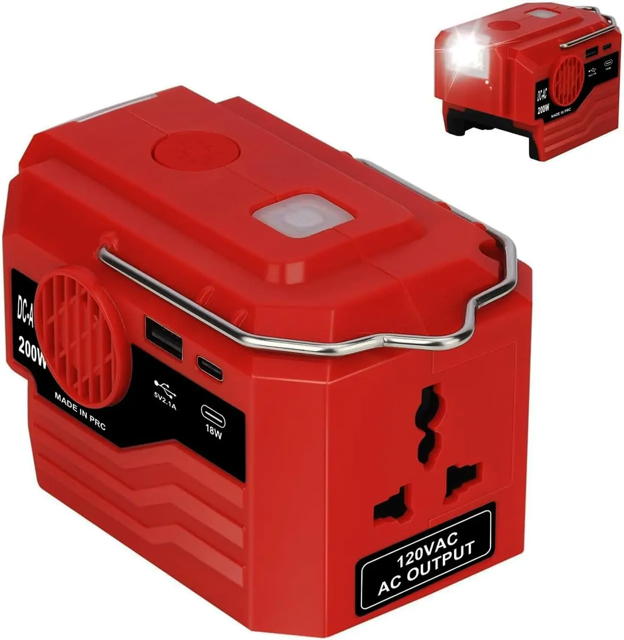 200W Power Inverter for Milwaukee ∧∧-18 Battery, DC 18V to AC 110-120V Inverter, Portable Power Supply Inverter with AC Outlet & USB and Type-C Ports & LED Light (Battery not Include)