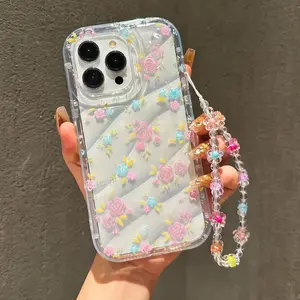 Floral Pattern Phone Case with Beaded Chain Flower, Decorative Phone Protector Cover, Shockproof Mobile Phone Protective Cover Compatible with iPhone