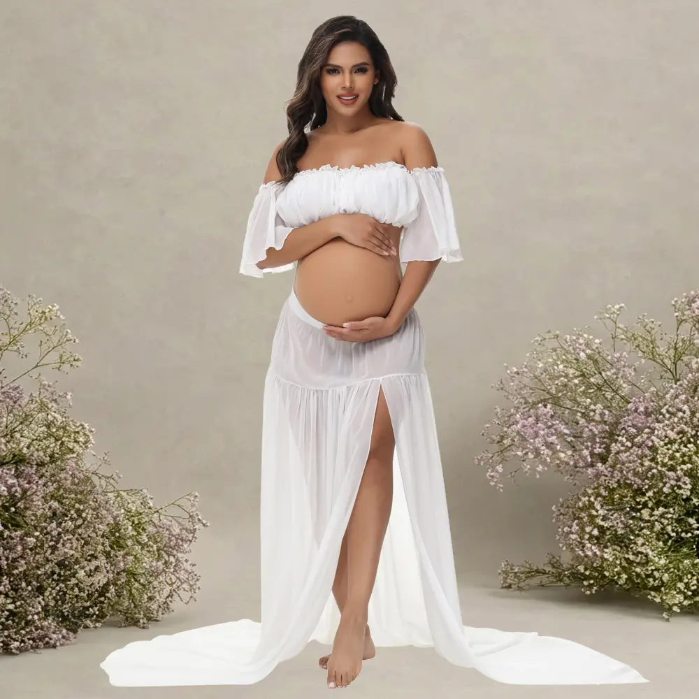 Women's Polyester 2-Piece Maternity Set, Summer Photoshoot Outfits with Ruffle Off-Shoulder Short Sleeve Tube Top & Slit Skirt